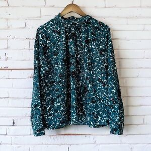 Elizabeth and James Mock Neck Long Sleeve Teal Printed Blouse Top XL